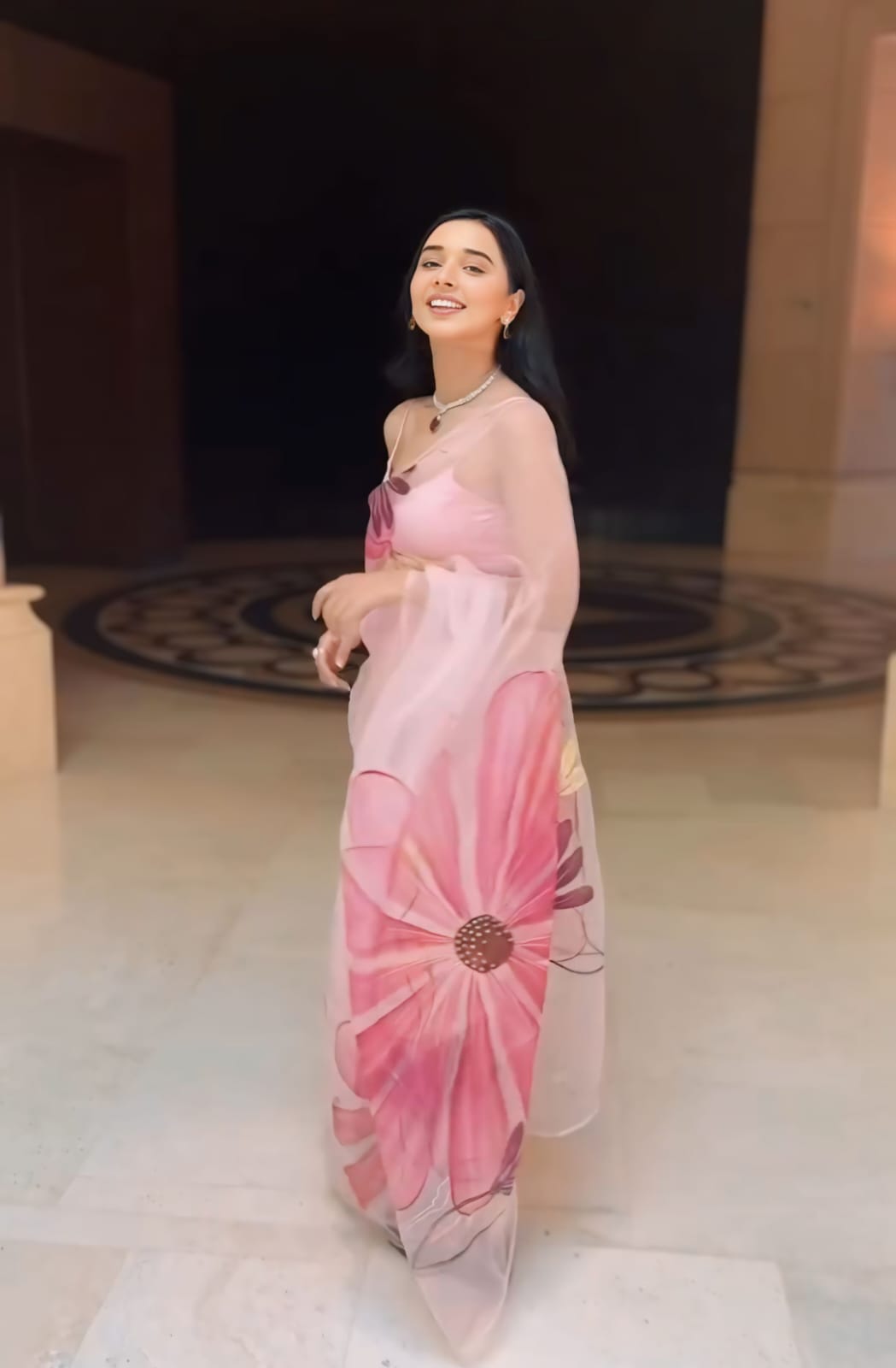 Pleasurable 1 Minute Ready To Wear Baby Pink Organza Floral Digital Printed Saree