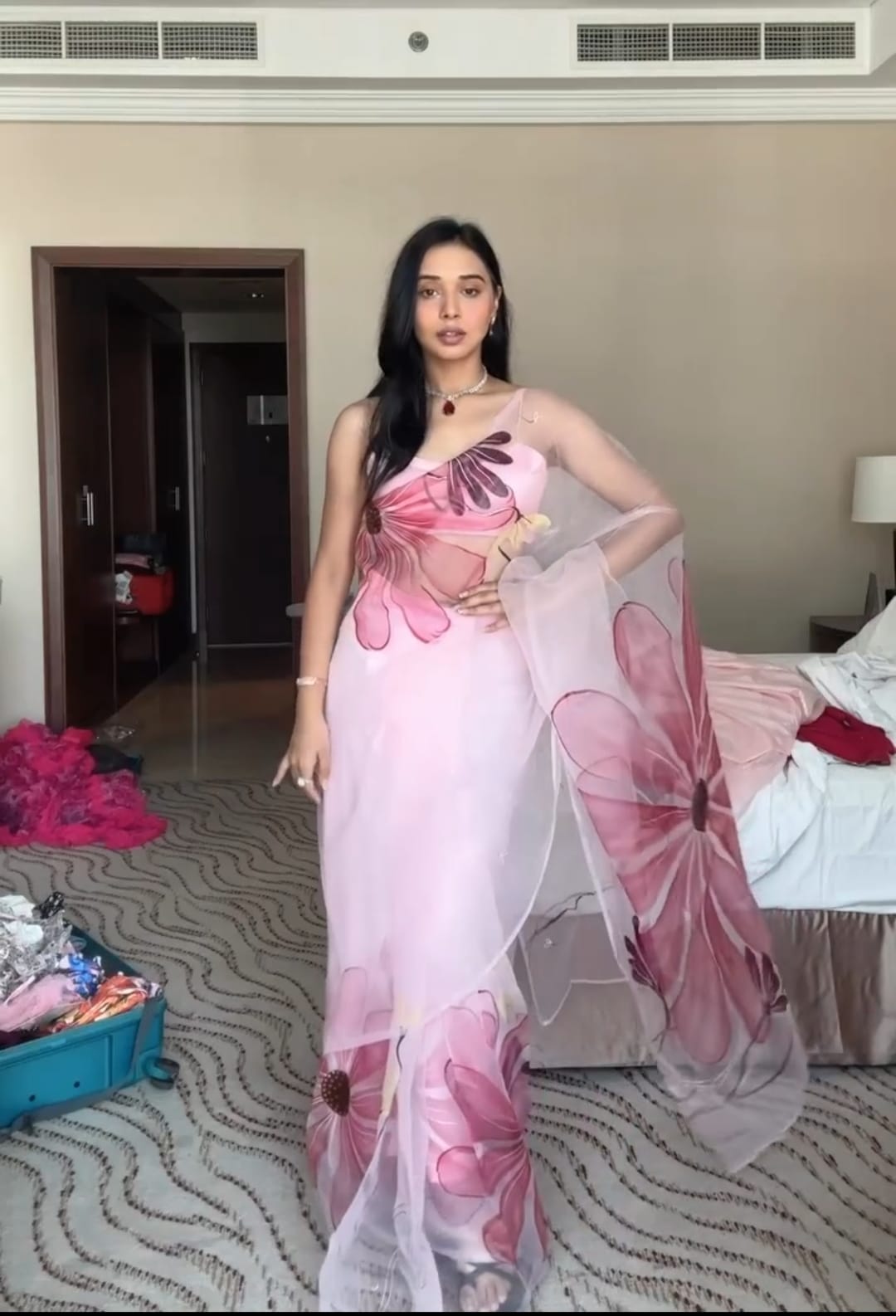 Pleasurable 1 Minute Ready To Wear Baby Pink Organza Floral Digital Printed Saree