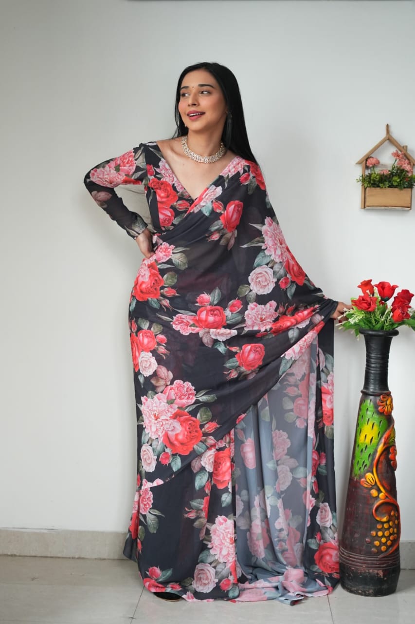 Gossamer 1 Minute Ready To Wear Black Georgette Floral Digital Printed Saree