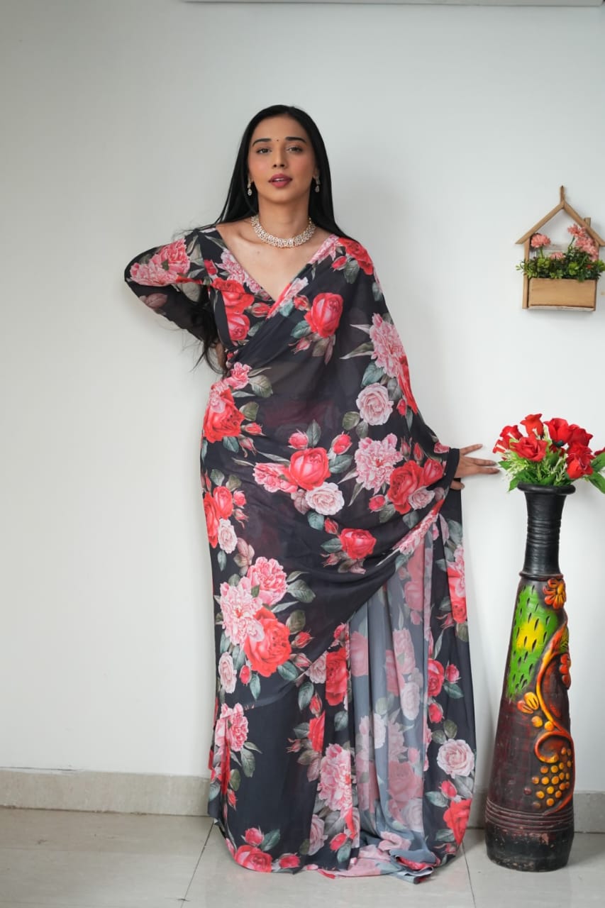Gossamer 1 Minute Ready To Wear Black Georgette Floral Digital Printed Saree