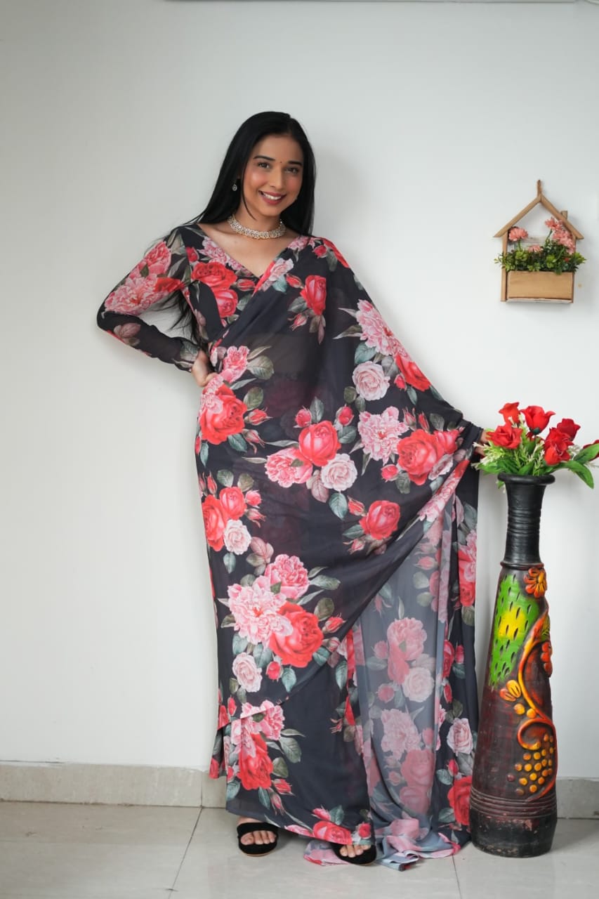 Gossamer 1 Minute Ready To Wear Black Georgette Floral Digital Printed Saree