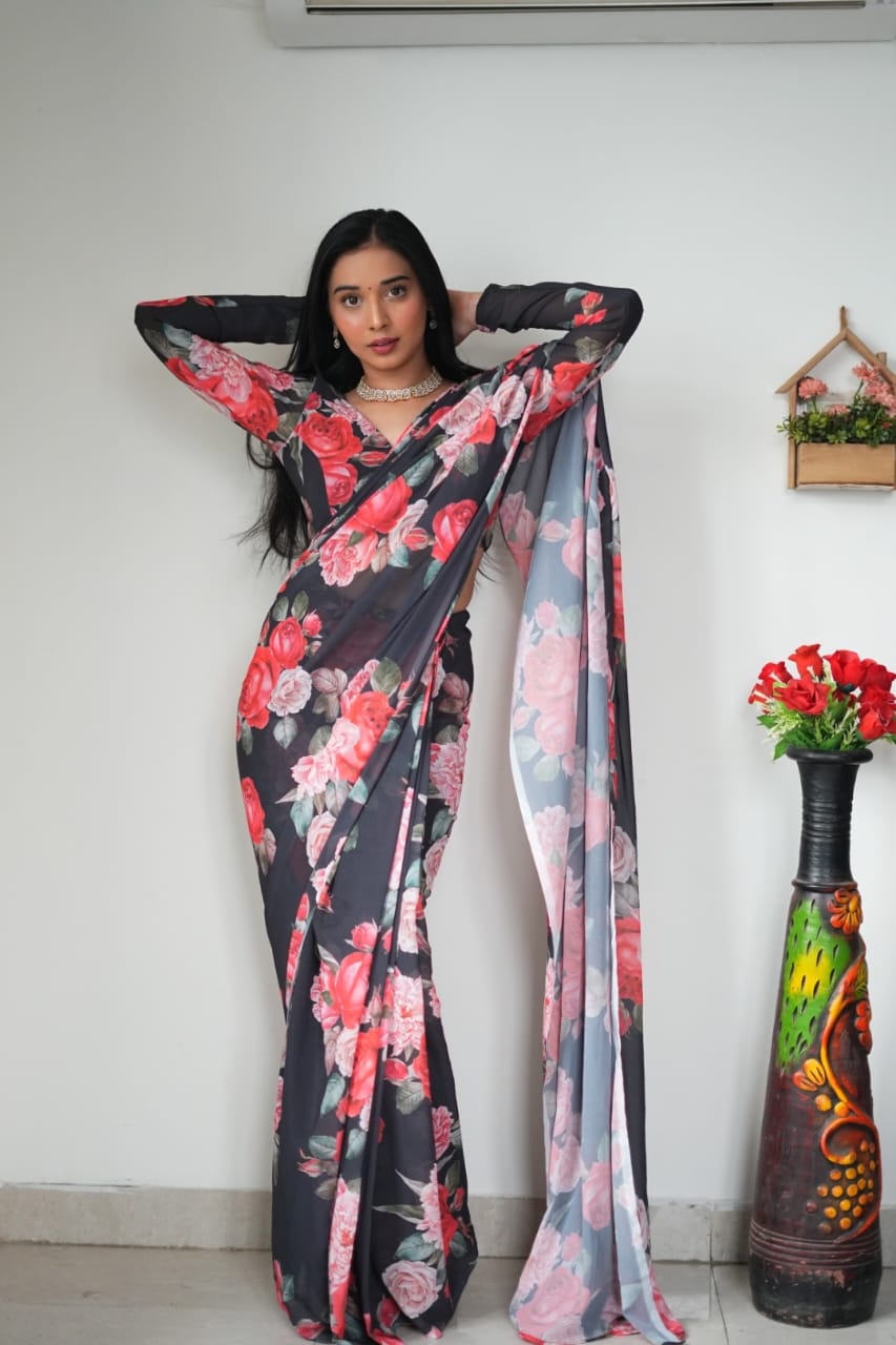 Gossamer 1 Minute Ready To Wear Black Georgette Floral Digital Printed Saree