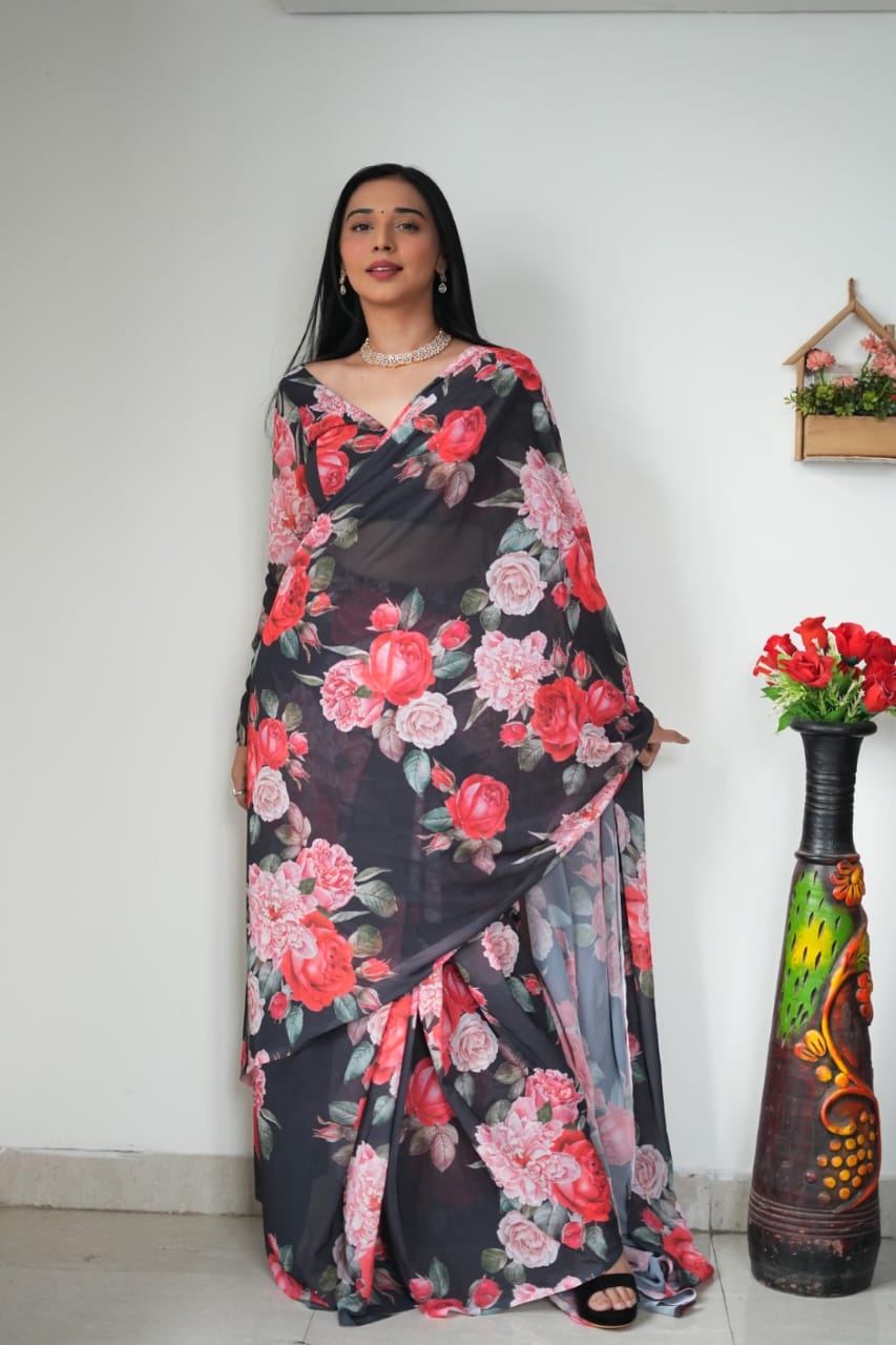 Gossamer 1 Minute Ready To Wear Black Georgette Floral Digital Printed Saree