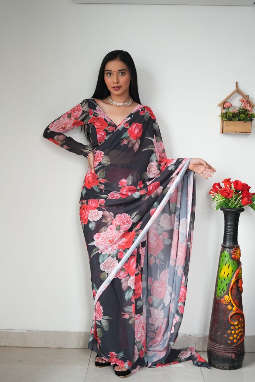 Gossamer 1 Minute Ready To Wear Black Georgette Floral Digital Printed Saree