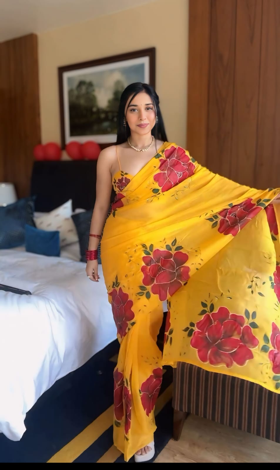 Woebegone 1 Minute Ready To Wear Yellow Georgette Floral Digital Printed Saree