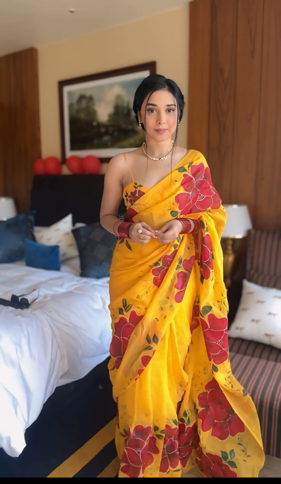 Woebegone 1 Minute Ready To Wear Yellow Georgette Floral Digital Printed Saree