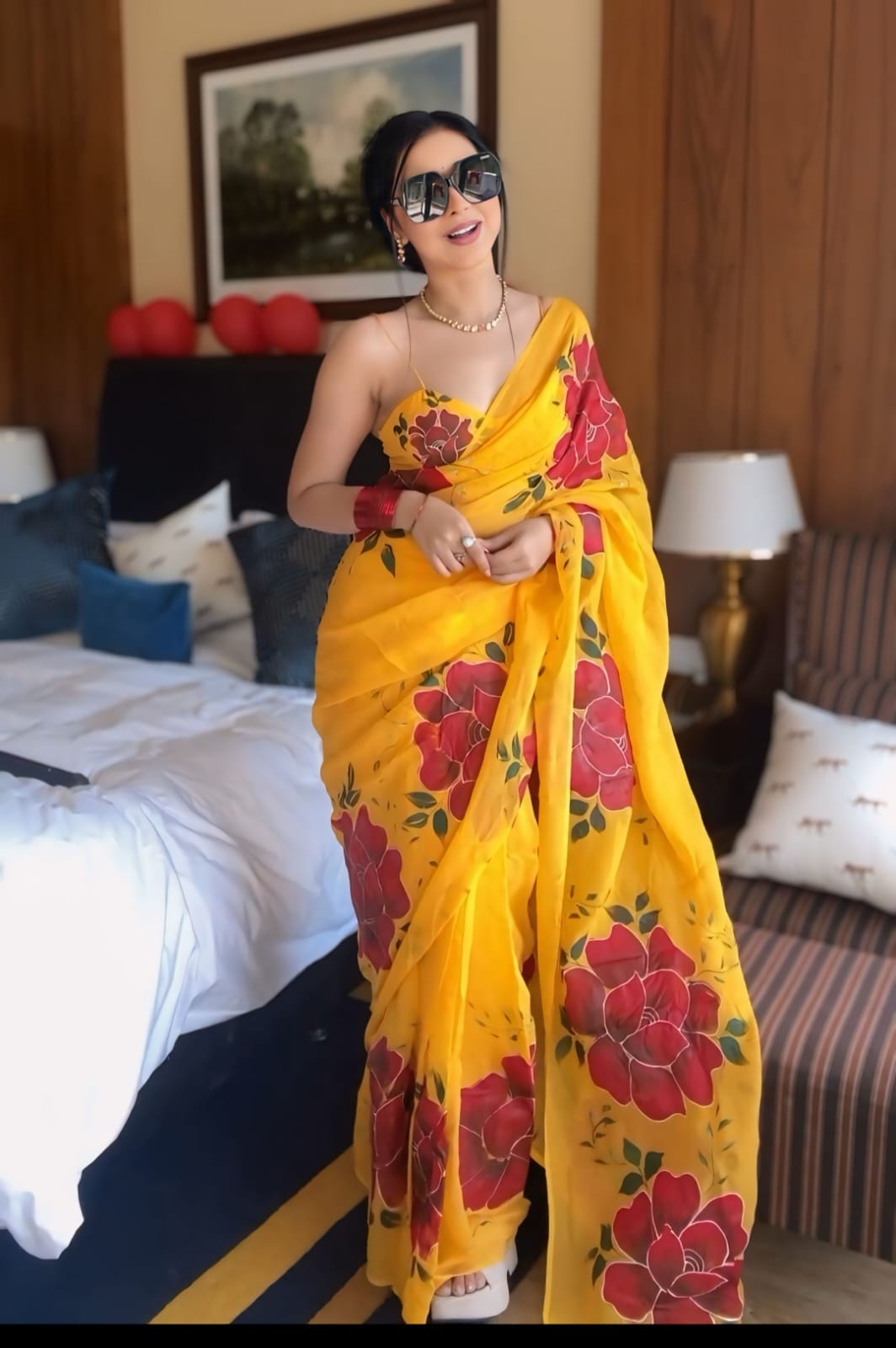 Woebegone 1 Minute Ready To Wear Yellow Georgette Floral Digital Printed Saree