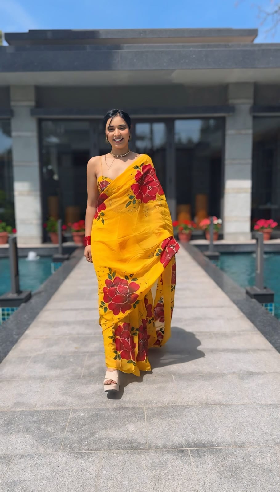Woebegone 1 Minute Ready To Wear Yellow Georgette Floral Digital Printed Saree
