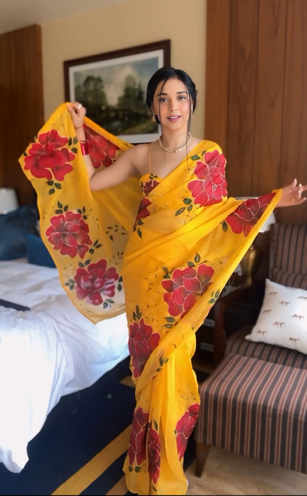 Woebegone 1 Minute Ready To Wear Yellow Georgette Floral Digital Printed Saree