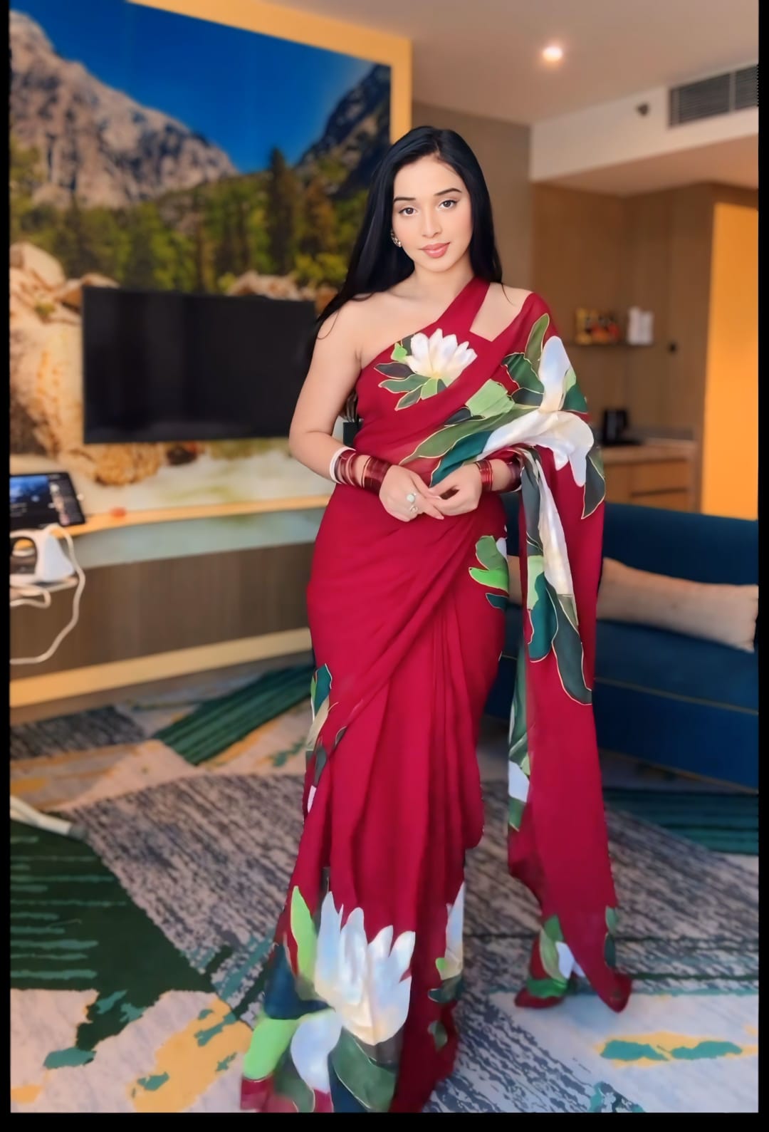 Mesmerising 1 Minute Ready To Wear Red Georgette Floral Digital Printed Saree