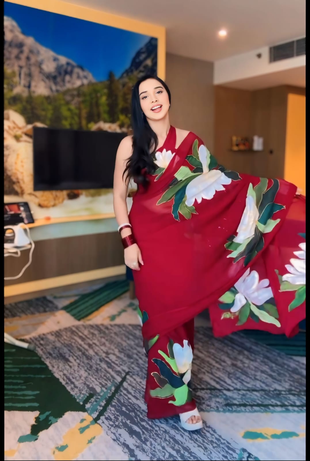 Mesmerising 1 Minute Ready To Wear Red Georgette Floral Digital Printed Saree