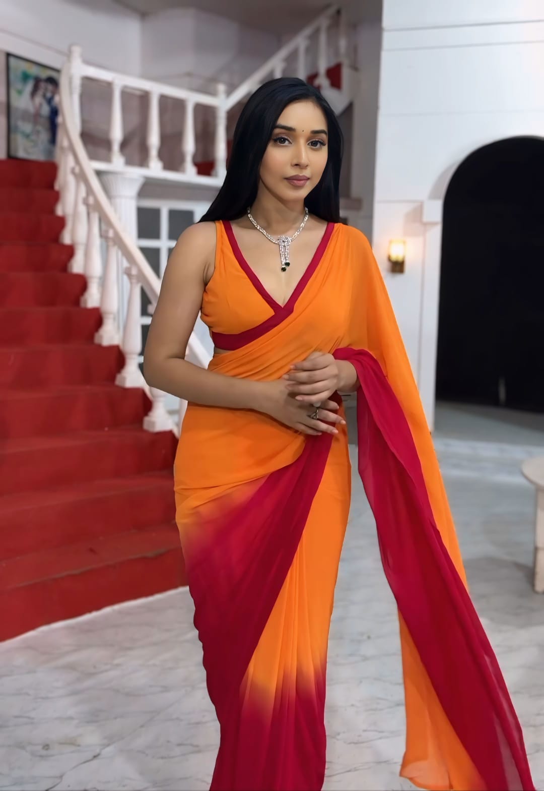 Precious 1 Minute Ready To Wear Orange And Maroon Georgette Saree