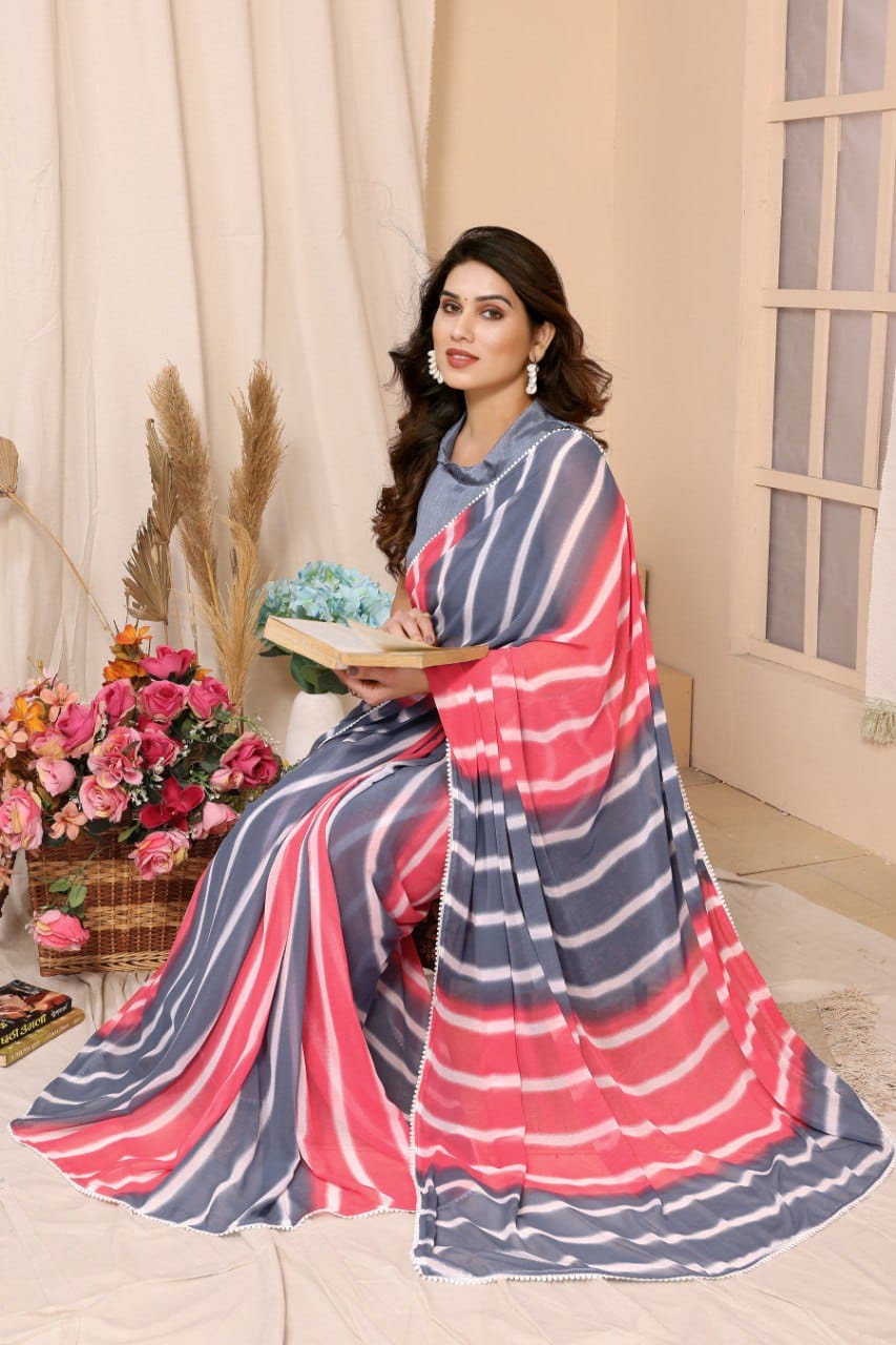 Sizzling 1 Minute Ready To Wear Grey And Pink Georgette Laheriya Digital Print Saree