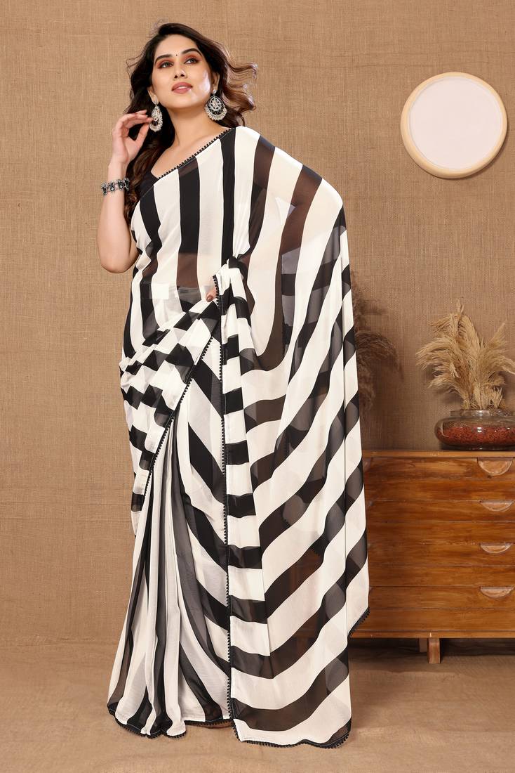 Alluring 1 Minute Ready To Wear White And Black Georgette Digital Print Saree