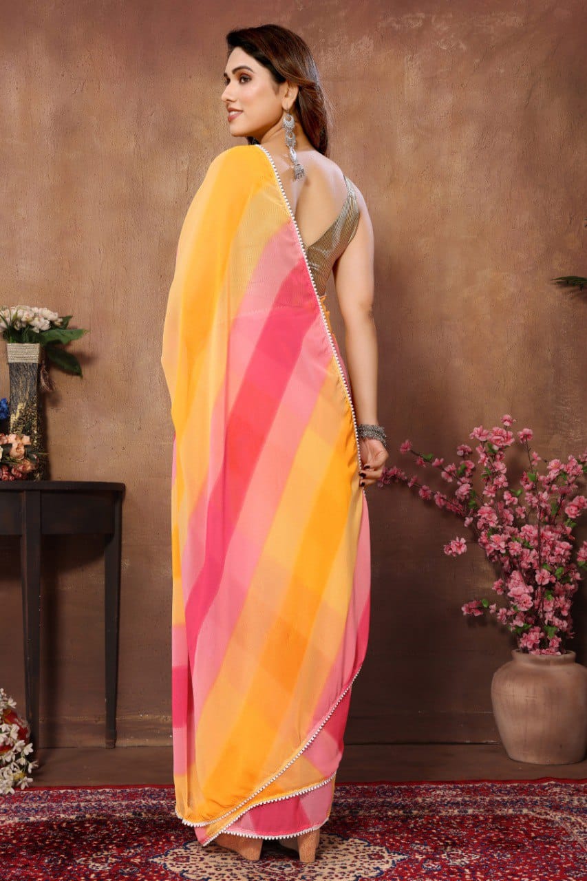Brood 1 Minute Ready To Wear Yellow And Pink Georgette Digital Print Saree