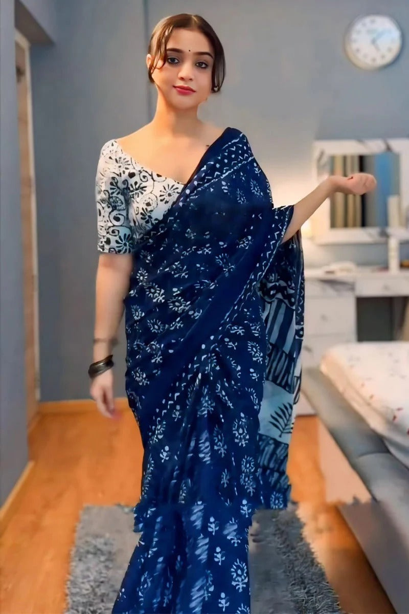 Snappy 1 Minute Ready To Wear Blue Cotton Digital Printed Saree