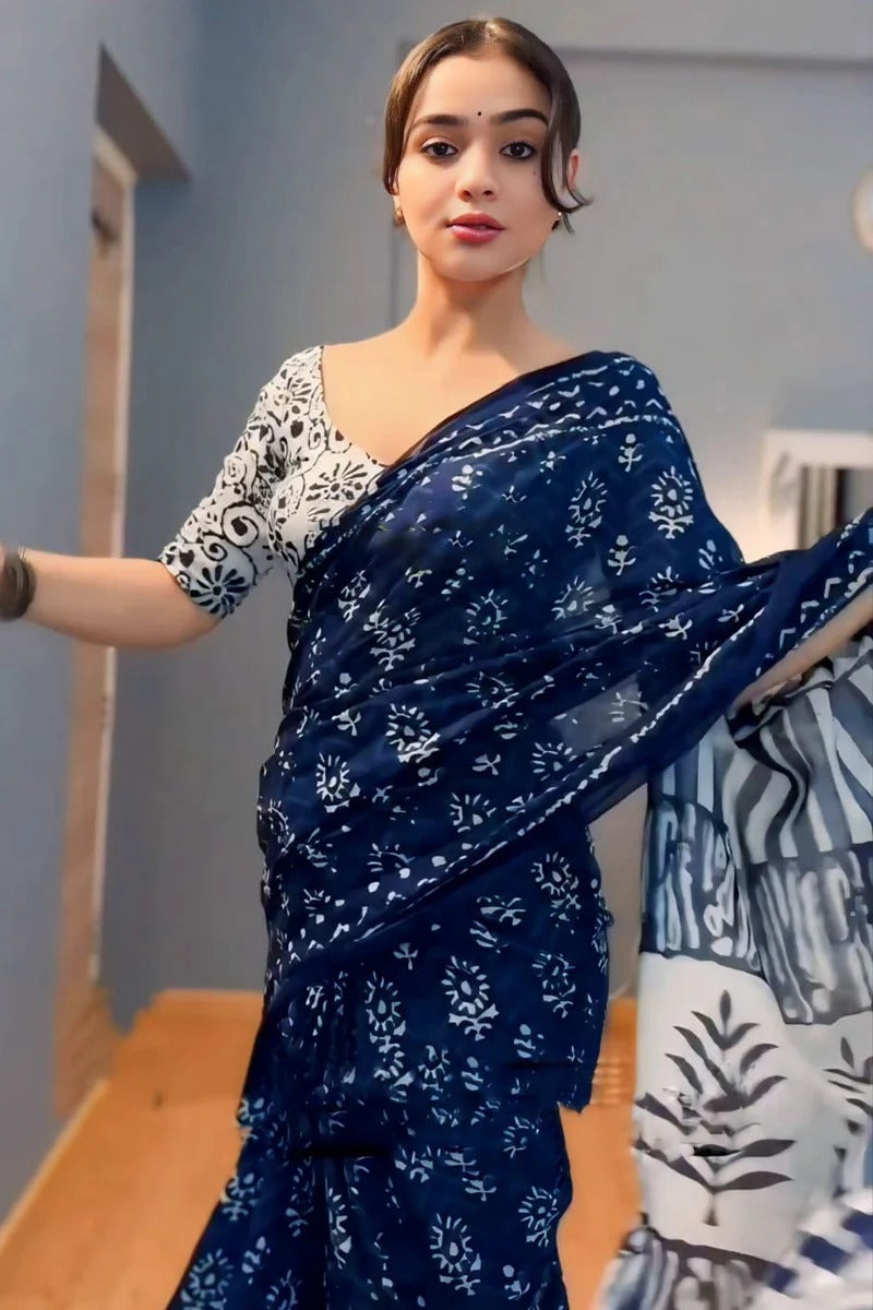 Snappy 1 Minute Ready To Wear Blue Cotton Digital Printed Saree
