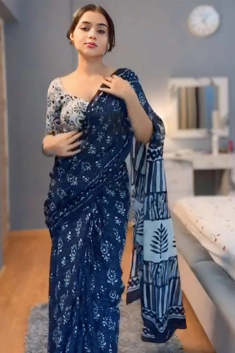 Snappy 1 Minute Ready To Wear Blue Cotton Digital Printed Saree