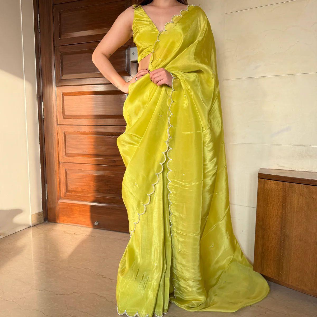Sempiternal 1 Minute Ready To Wear Parrot Chinon Saree