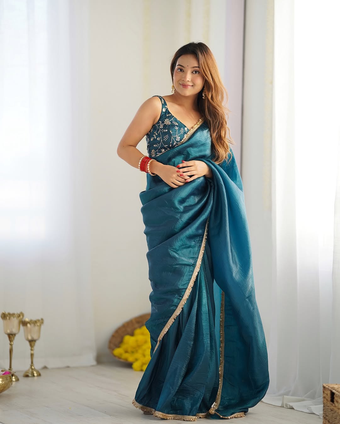 Fugacious 1-Minute Ready To Wear Blue Crush Silk Saree