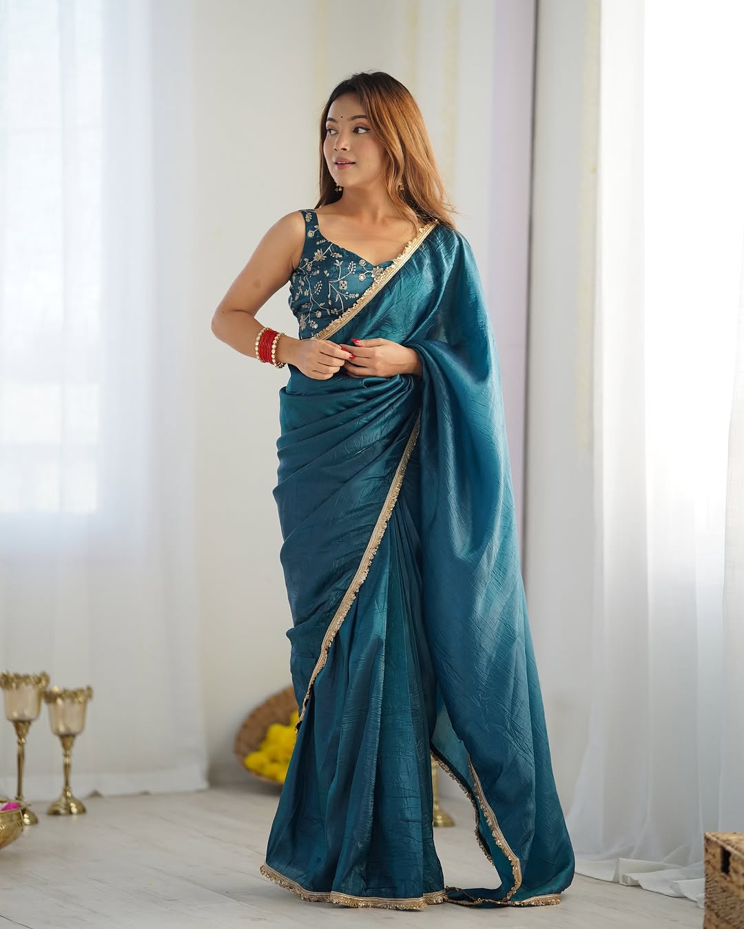 Fugacious 1-Minute Ready To Wear Blue Crush Silk Saree