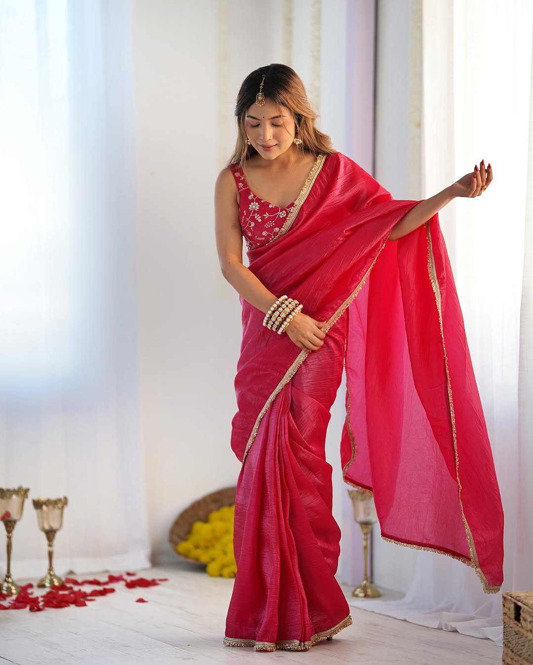 Adorable 1-Minute Ready To Wear Dark Pink Crush Silk Saree