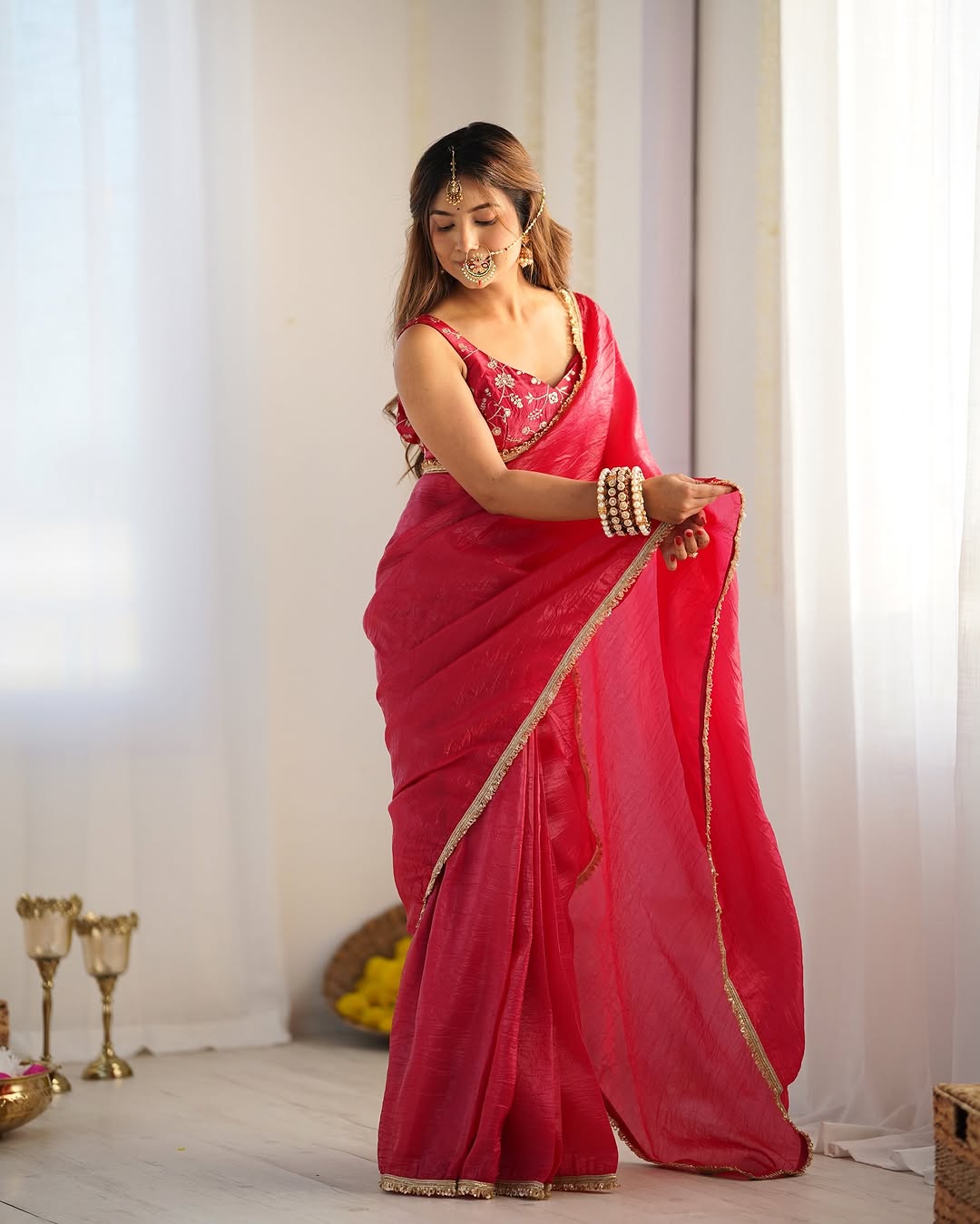 Adorable 1-Minute Ready To Wear Dark Pink Crush Silk Saree
