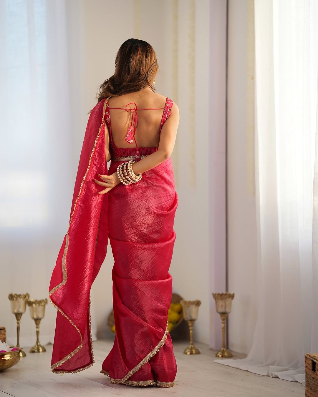Adorable 1-Minute Ready To Wear Dark Pink Crush Silk Saree