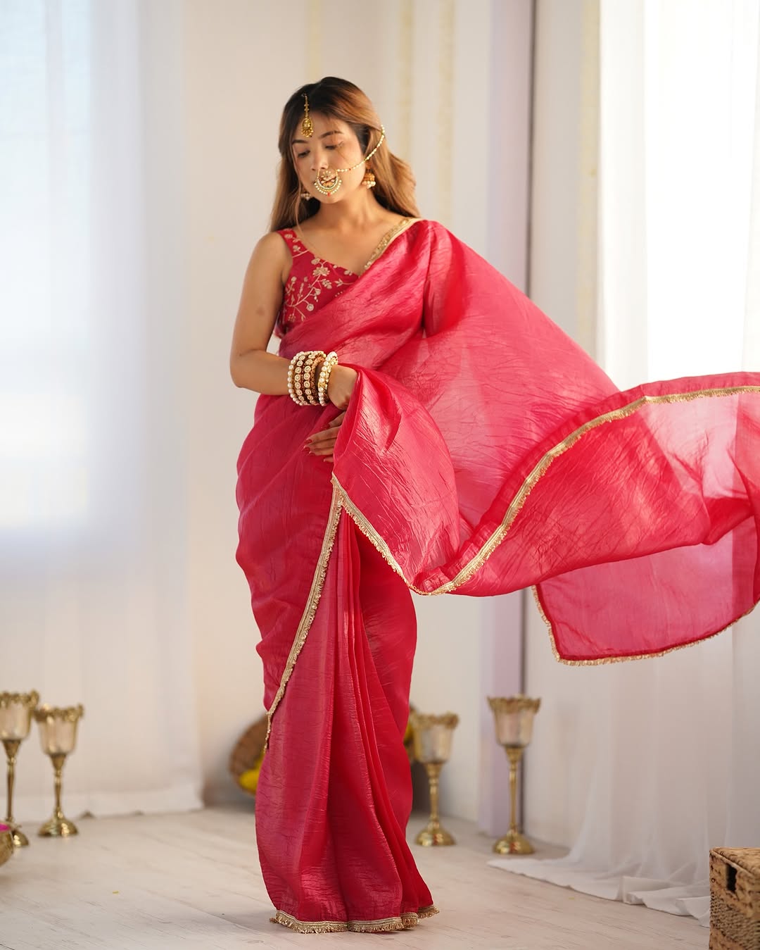 Adorable 1-Minute Ready To Wear Dark Pink Crush Silk Saree