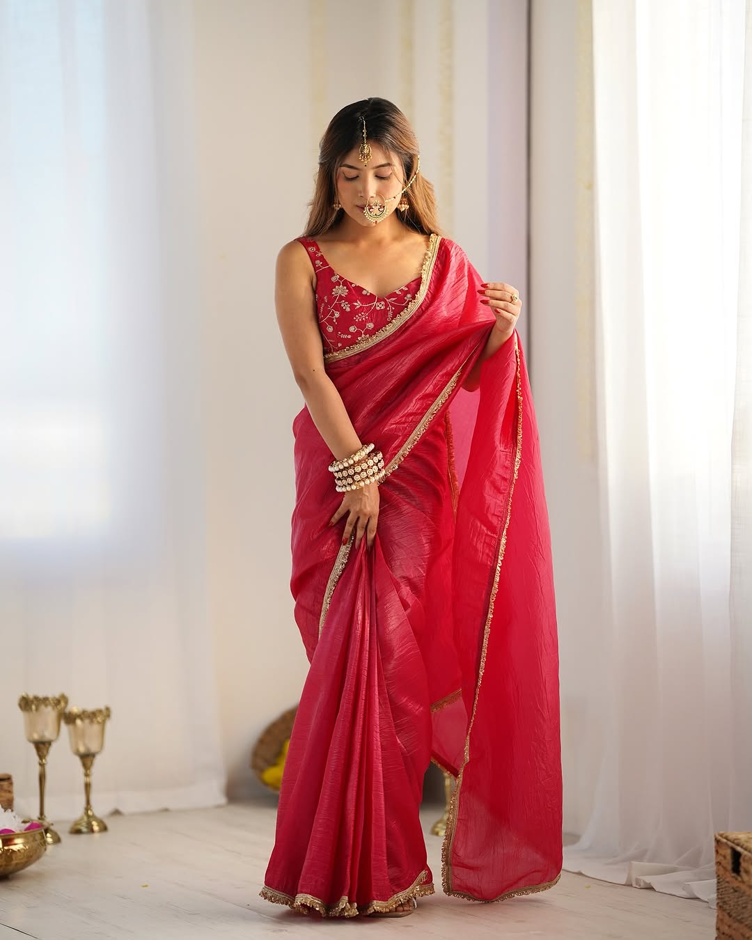 Adorable 1-Minute Ready To Wear Dark Pink Crush Silk Saree