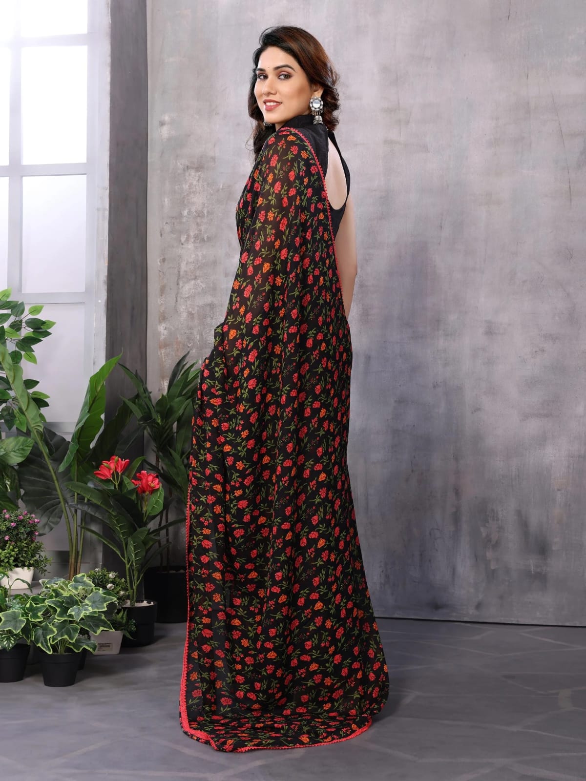 Efflorescence 1 Minute Ready To Wear Black Georgette Floral Digital Printed Saree