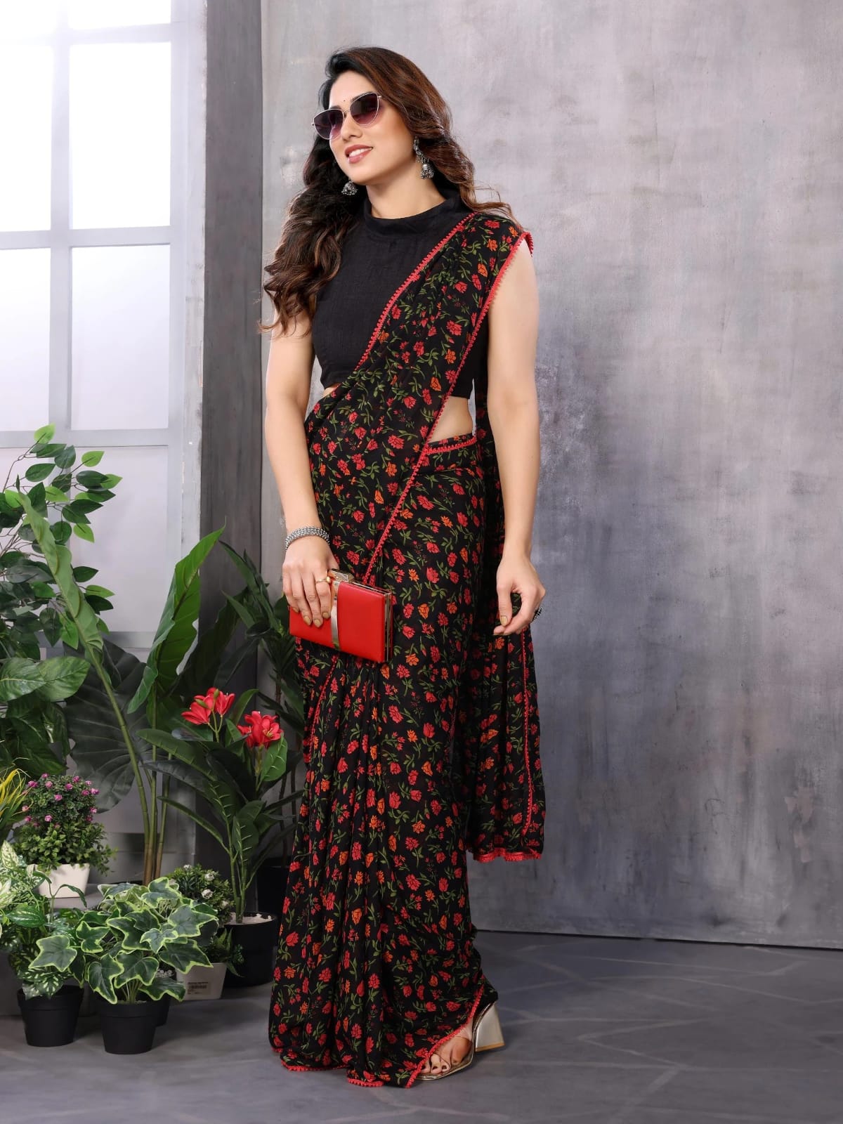 Efflorescence 1 Minute Ready To Wear Black Georgette Floral Digital Printed Saree