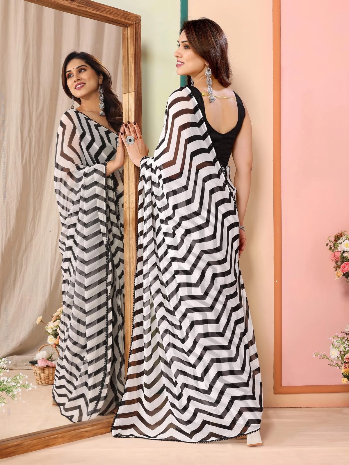 Glorious 1 Minute Ready To Wear White And Black Georgette Digital Printed Saree