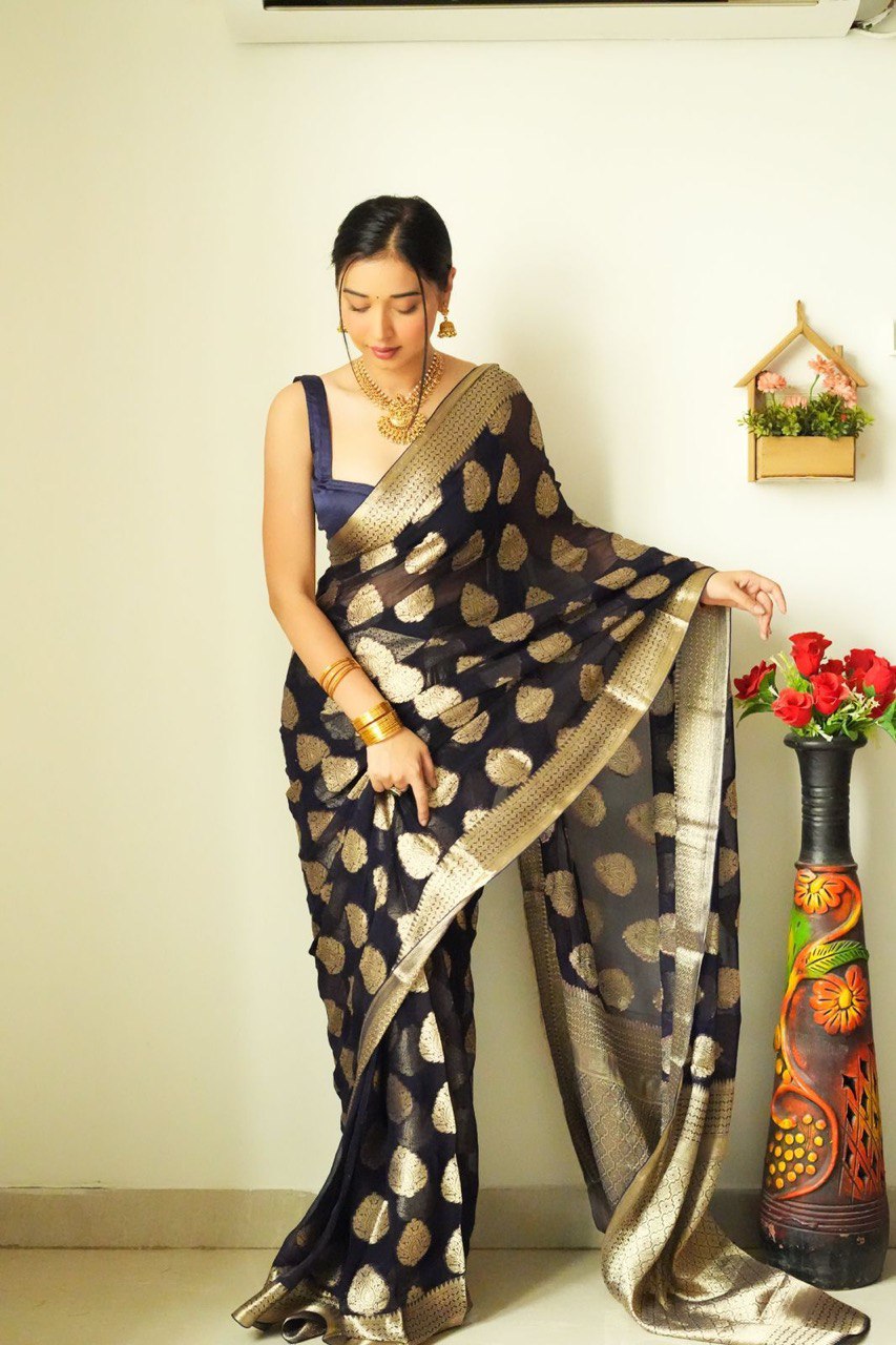 Magnetic 1-Minute Ready To Wear Black Soft Silk Saree