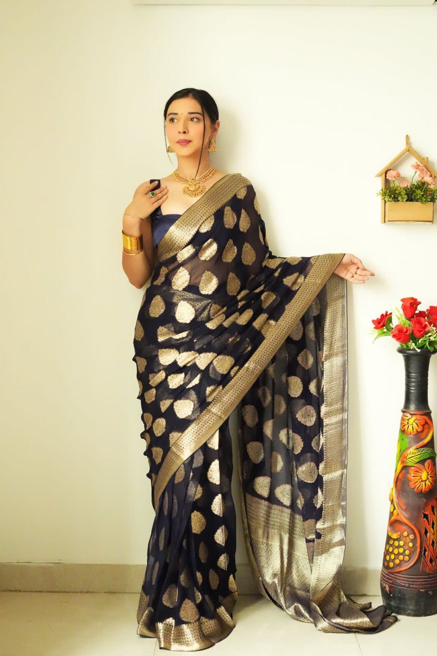 Magnetic 1-Minute Ready To Wear Black Soft Silk Saree