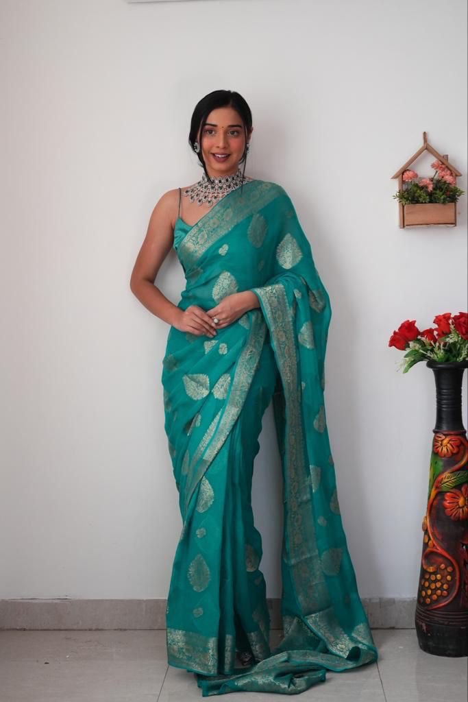 Palimpsest 1-Minute Ready To Wear Sea Green Cotton Silk Saree