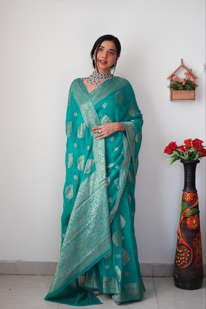 Palimpsest 1-Minute Ready To Wear Sea Green Cotton Silk Saree