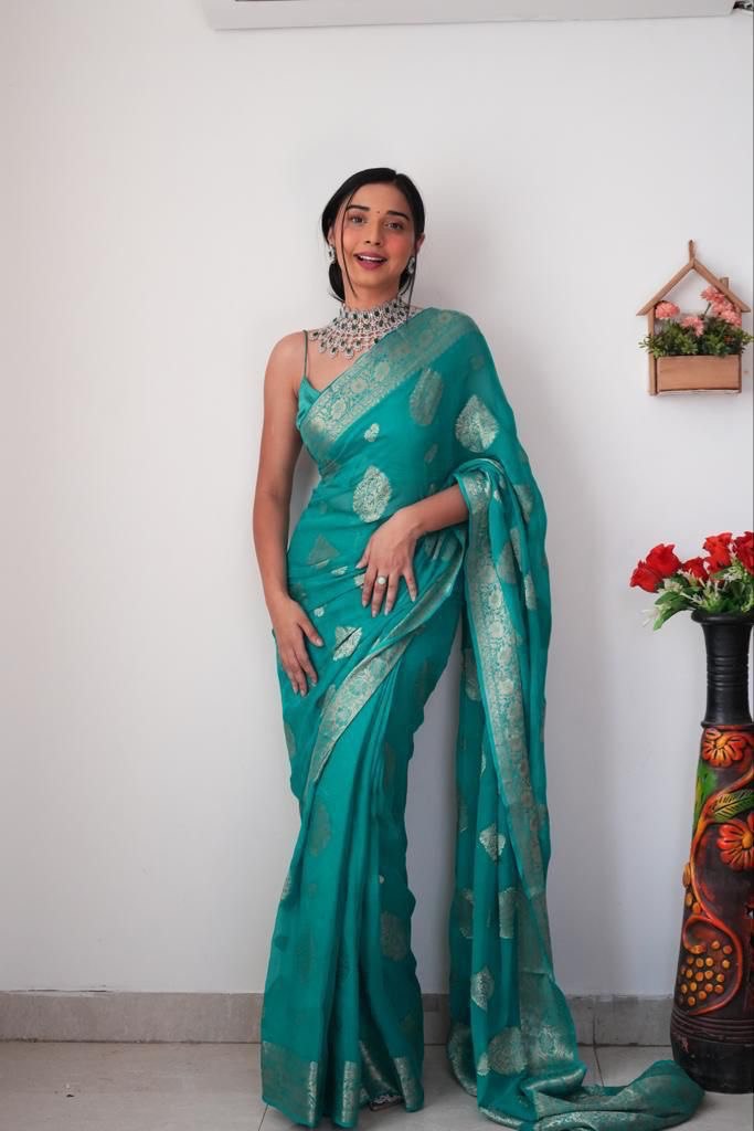 Palimpsest 1-Minute Ready To Wear Sea Green Cotton Silk Saree