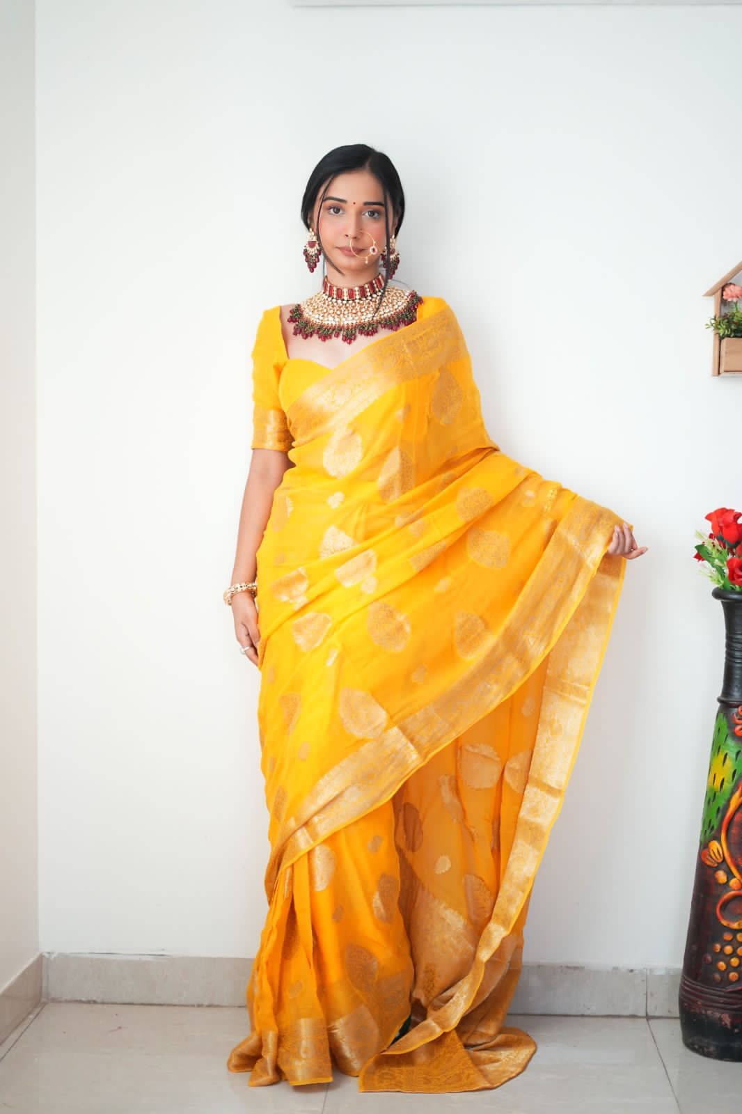 Tempting 1-Minute Ready To Wear Yellow Soft Silk Saree