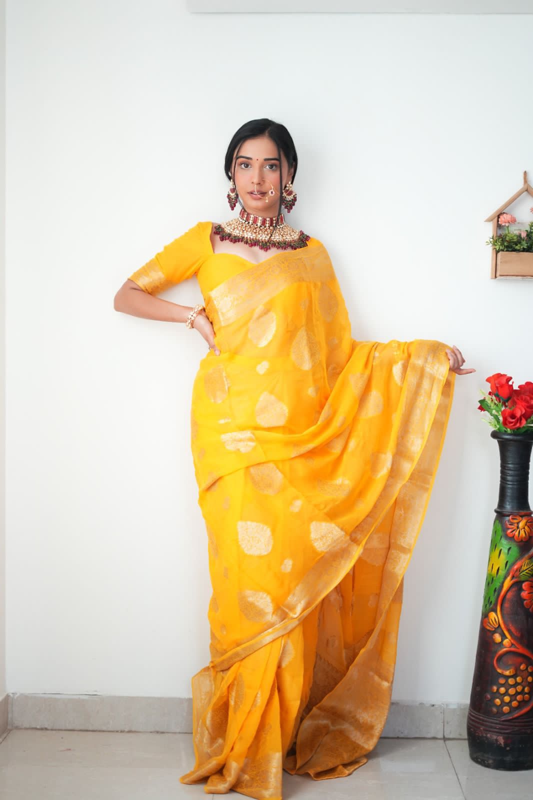 Tempting 1-Minute Ready To Wear Yellow Soft Silk Saree