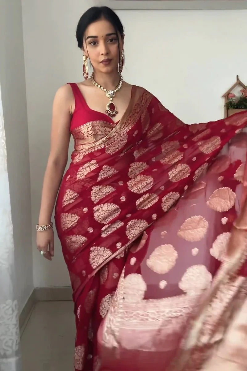 Captivating 1-Minute Ready To Wear Red Cotton Silk Saree