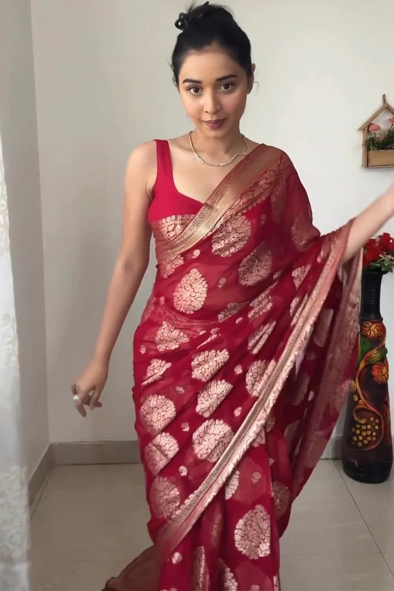 Captivating 1-Minute Ready To Wear Red Cotton Silk Saree