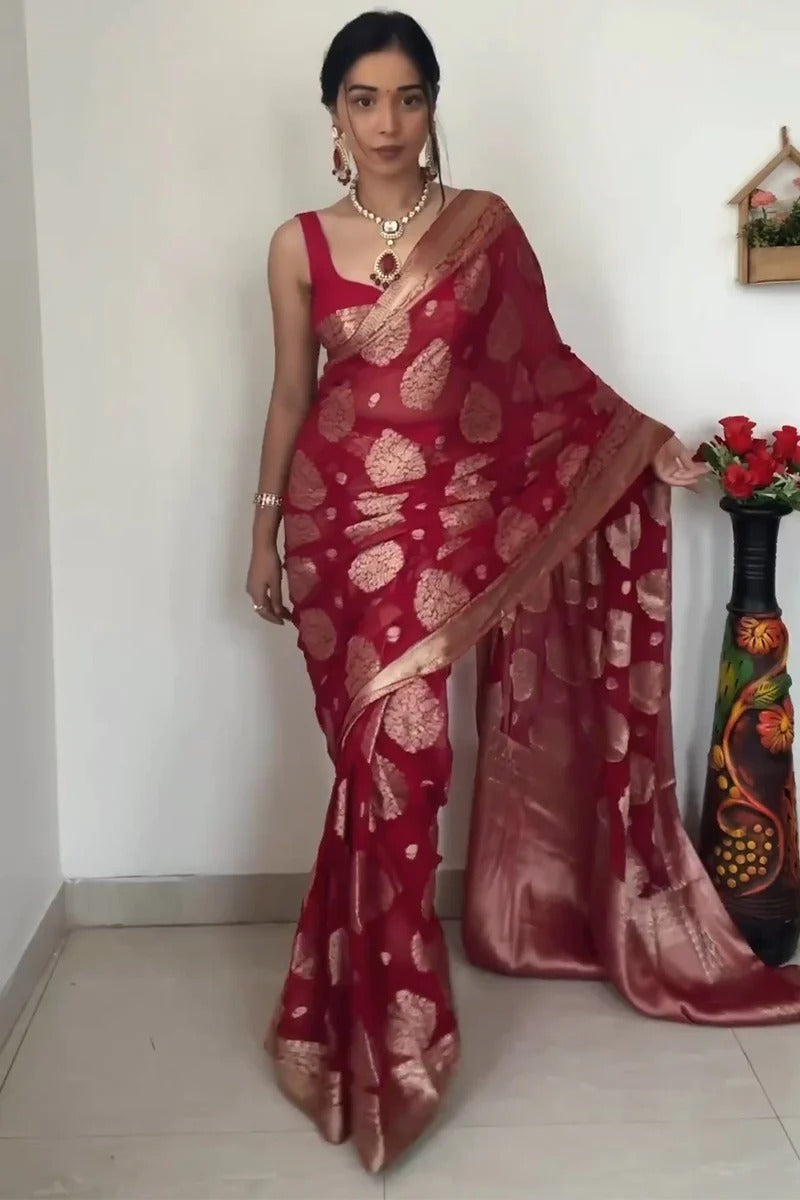 Captivating 1-Minute Ready To Wear Red Cotton Silk Saree