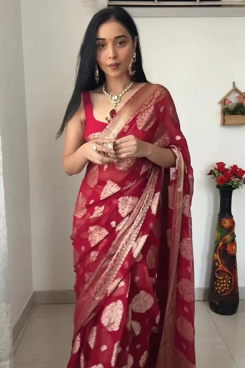 Captivating 1-Minute Ready To Wear Red Cotton Silk Saree