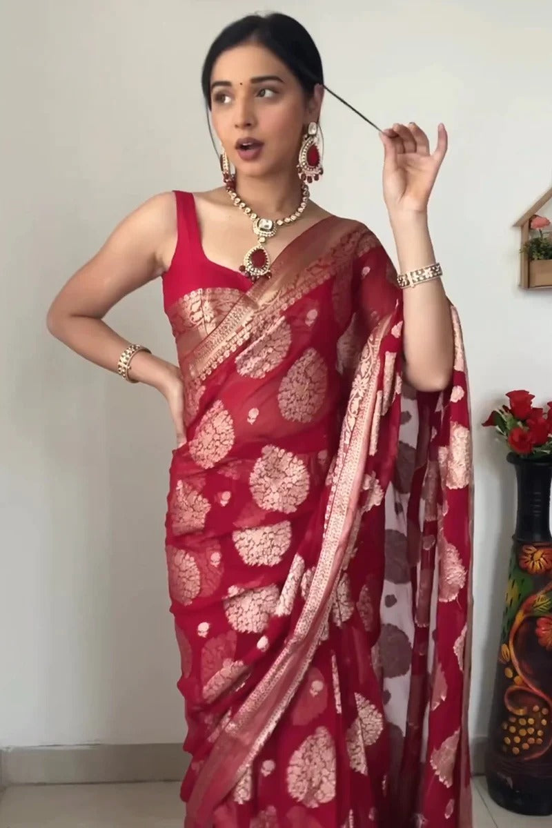 Captivating 1-Minute Ready To Wear Red Cotton Silk Saree