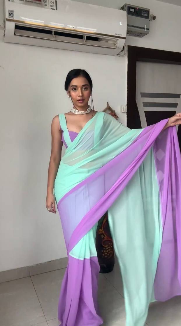 Tremendous 1 Minute Ready To Wear Sky Blue And Lavender Georgette Saree
