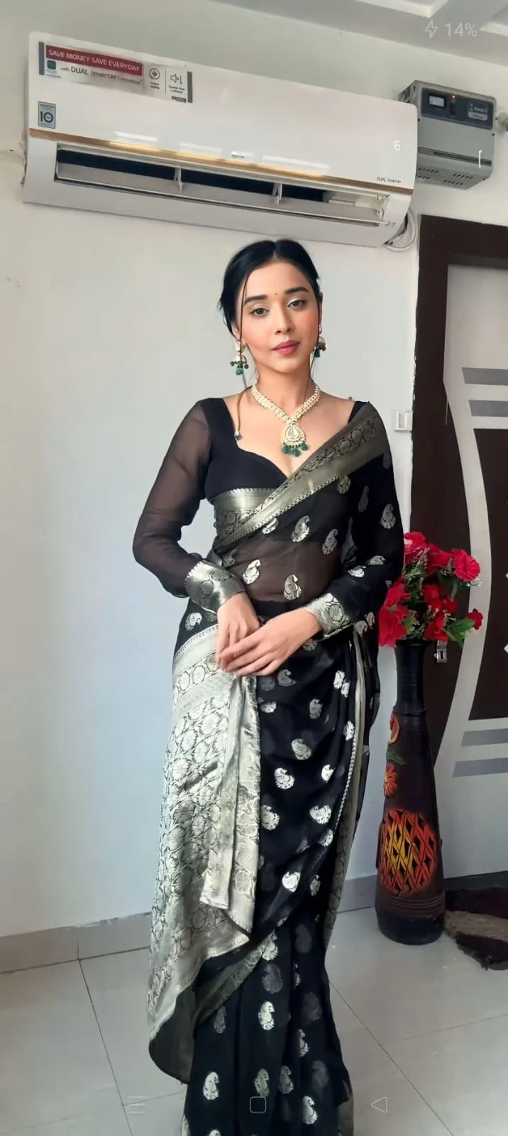 Dazzling 1-Minute Ready To Wear Black Cotton Silk Saree