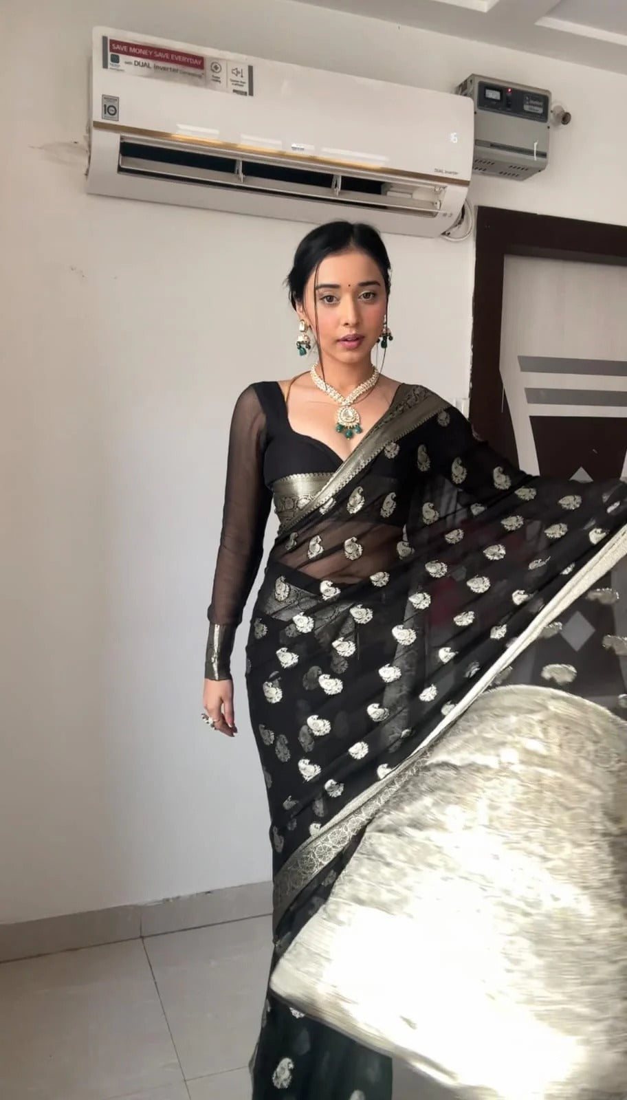 Dazzling 1-Minute Ready To Wear Black Cotton Silk Saree