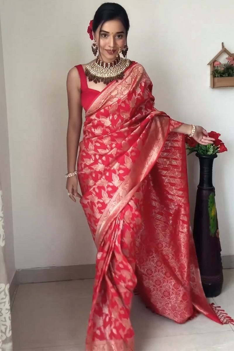 Fancifull 1-Minute Ready To Wear Red Soft Silk Saree