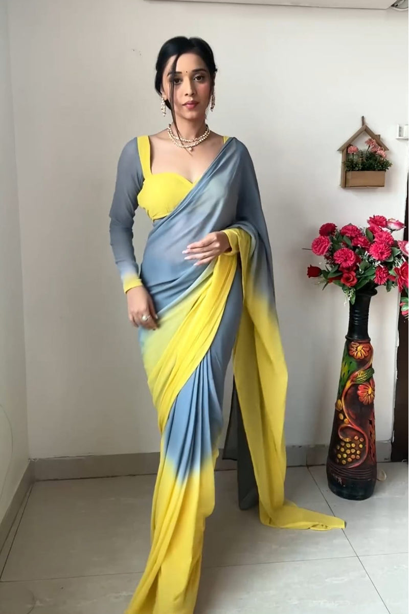 Fantabulous 1 Minute Ready To Wear Yellow And Grey Georgette Saree